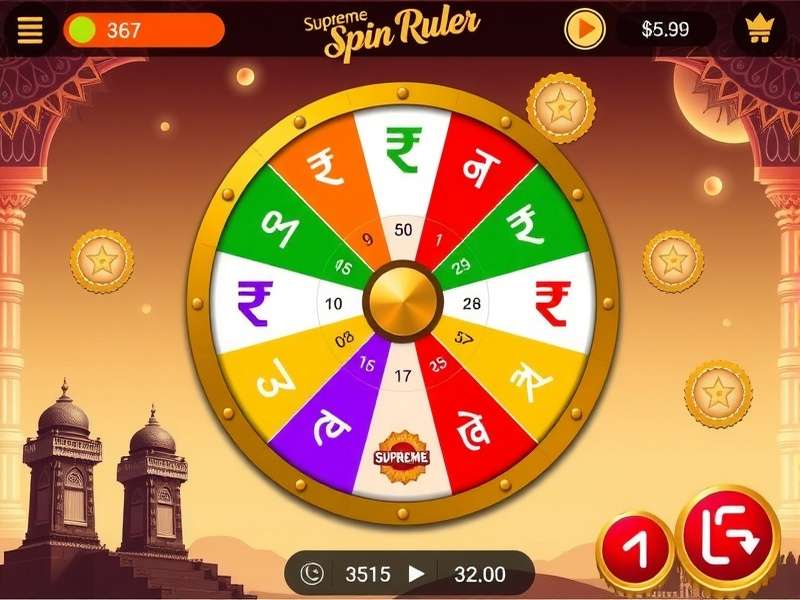 Supreme Spin Ruler Game Interface showing Indian-themed spin wheel with rupee symbols and cultural icons